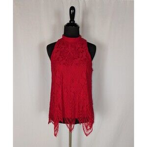 Blue Rain Blouse S Red Lace Mock Neck Sleeveless Handkerchief Hem Romantic